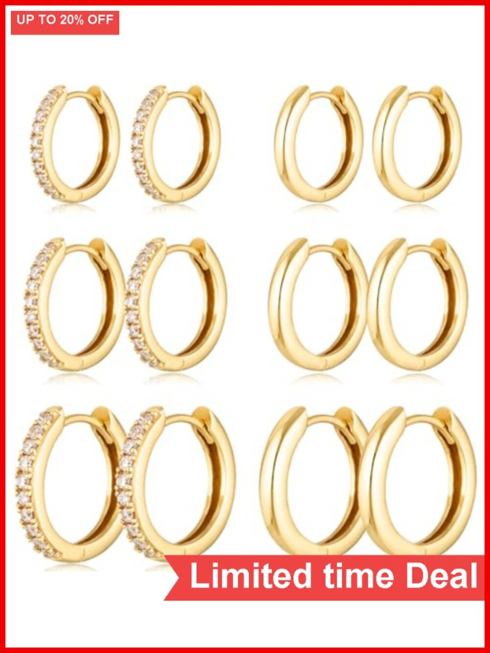 6 Pairs Hypoallergenic Gold Plated Hoop Earrings Set w/ Cubic Zirconia